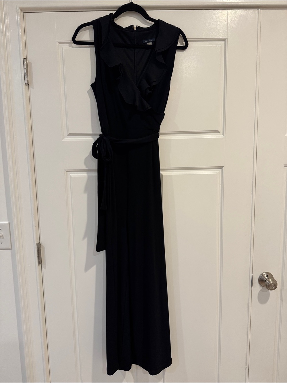 Tommy Hilfiger Black Sleeveless Ruffle V-Neck Maxi Dress with Waist Tie